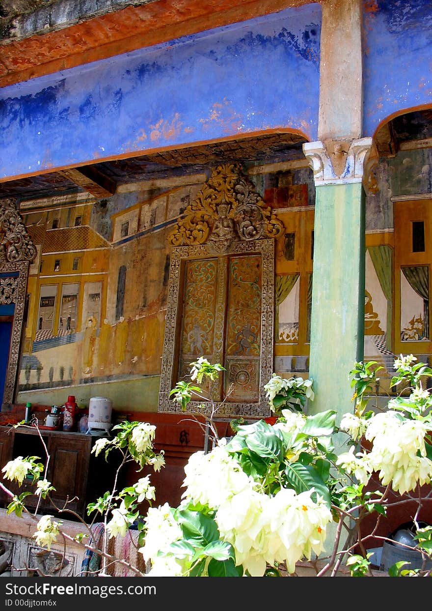 Painted buidling on the stunning Bakong Temple property. Bakong is situated within the vast Angkor Wat complex in Siem Reap, Cambodia.