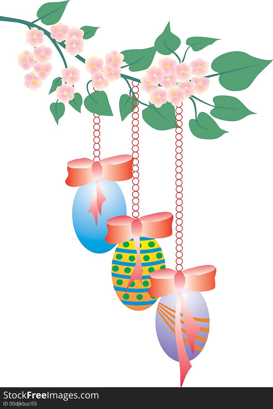 Easter eggs hanging from flowering branch. Easter eggs hanging from flowering branch