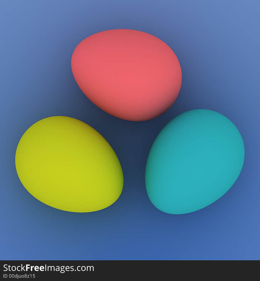 Tree colored eggs on blue