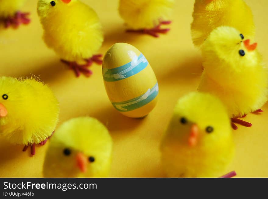 Easter chicks and one easter egg. Easter chicks and one easter egg.