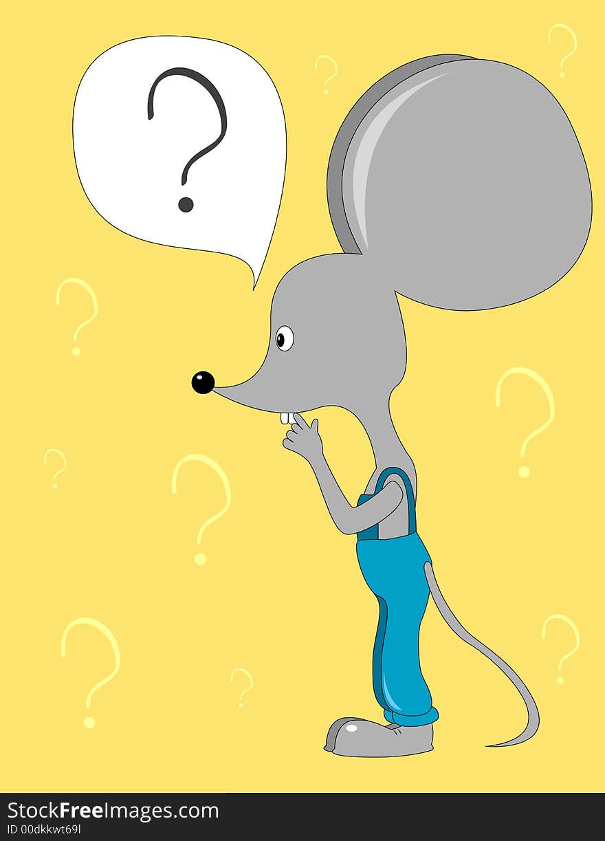 Cute grey mouse in blue trousers with what sign-vector illustration