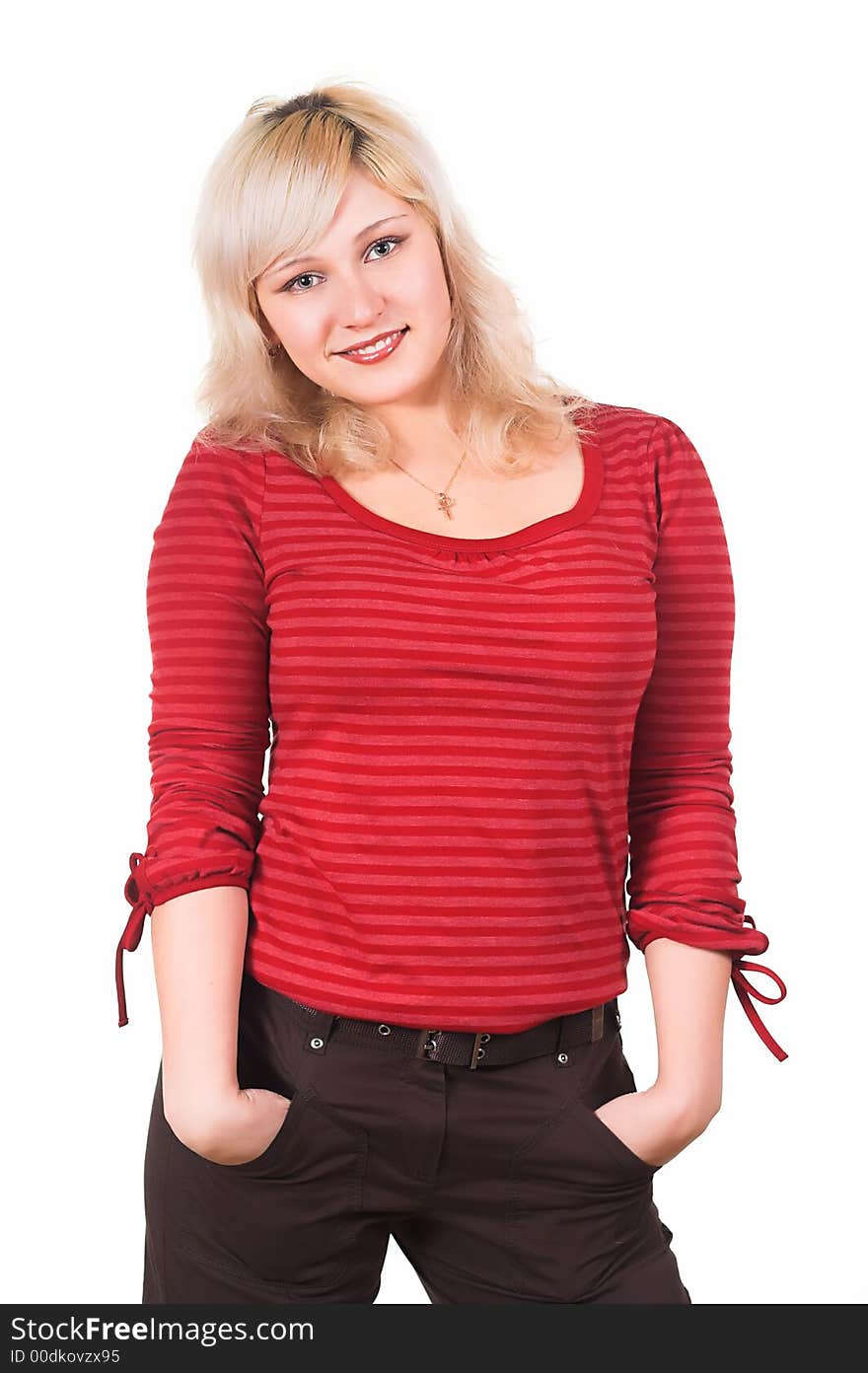 Young beautiful smiling woman pointing. Isolated over white background. Young beautiful smiling woman pointing. Isolated over white background.