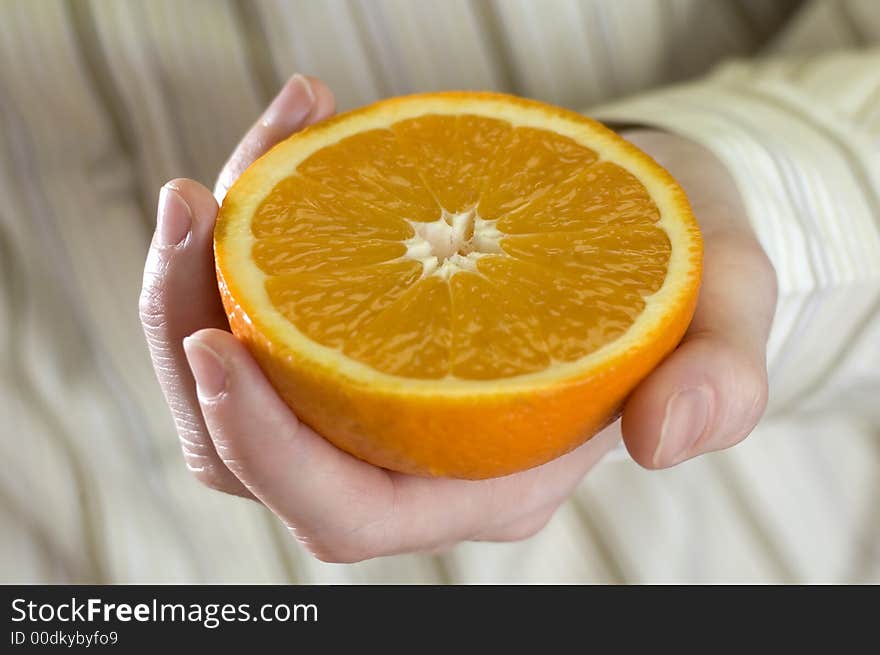 Hand holding fresh orange close up shoot