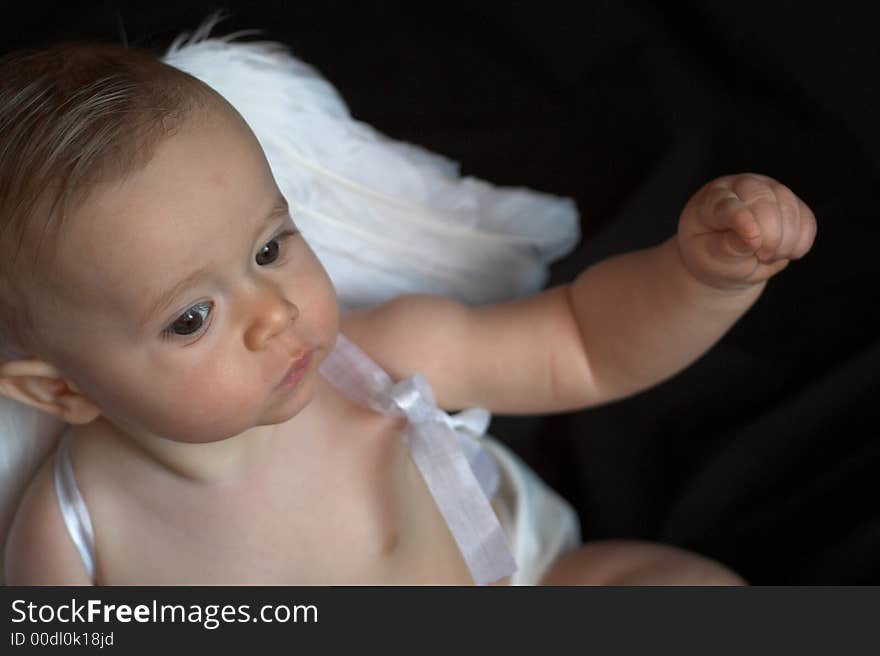 Image of beautiful baby wearing angel wings, sitting in front of a black background. Image of beautiful baby wearing angel wings, sitting in front of a black background