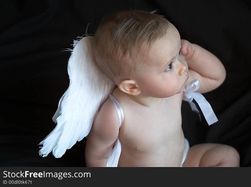 Image of beautiful baby wearing angel wings, sitting in front of a black background. Image of beautiful baby wearing angel wings, sitting in front of a black background