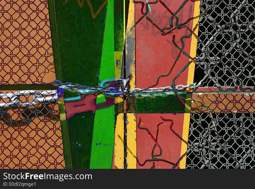 Locked, metal chain across red door