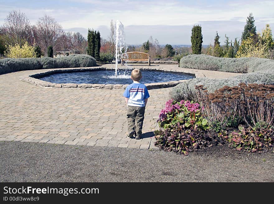 Young boy looking at a water fountain at Oregon Gardens.