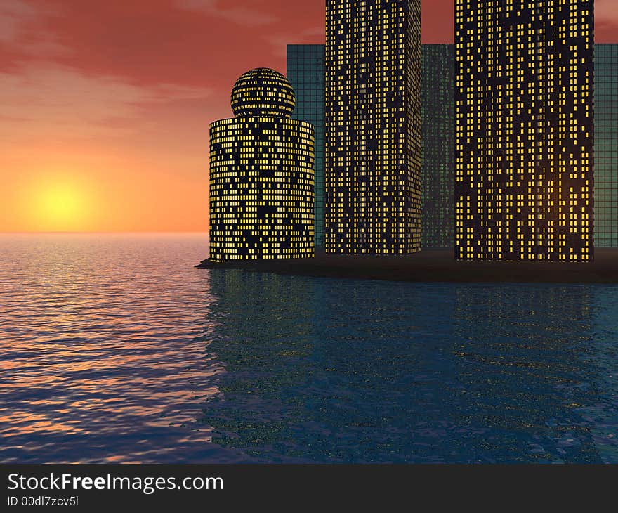 Fantasy city at sunset sea - digital artwork