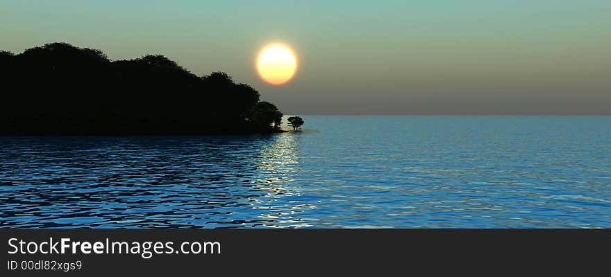 Trees on  a cape with sea sunset - 3d scene. Trees on  a cape with sea sunset - 3d scene.