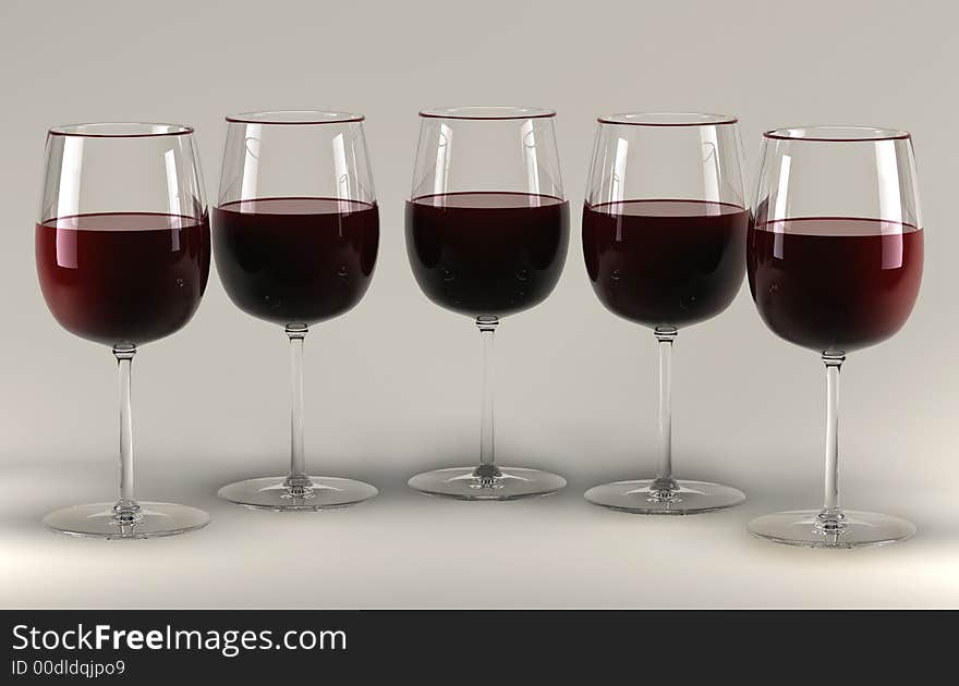 Five glass wine glasses filled with red wine stand on grey background. Five glass wine glasses filled with red wine stand on grey background