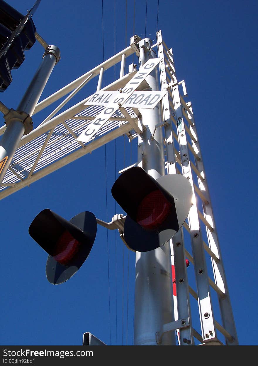 A modern railroad crossing sign