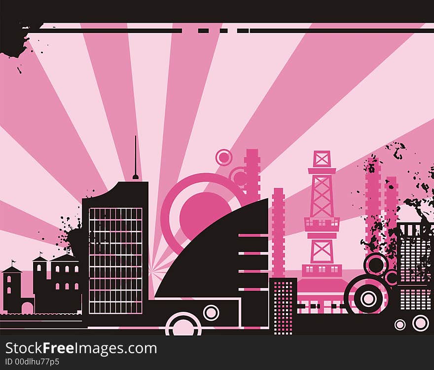 Vector background of a cityscape silhouette at sunrise. Buildings are not photo-based, they have been originally created by the illustrator. Vector background of a cityscape silhouette at sunrise. Buildings are not photo-based, they have been originally created by the illustrator.