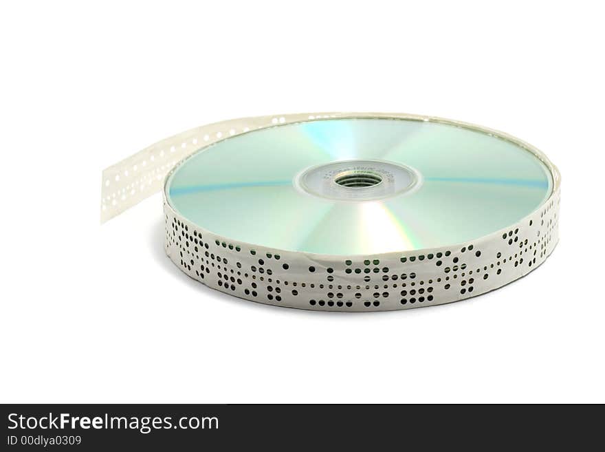 CD heap wraped with punched tape isolated over white background. CD heap wraped with punched tape isolated over white background