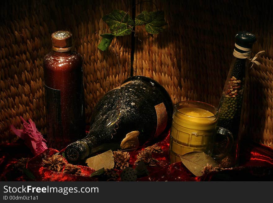 Old private cellar with wine and spices