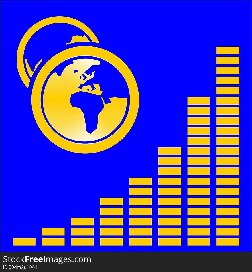 Graphic on blue with orange globes. Graphic on blue with orange globes