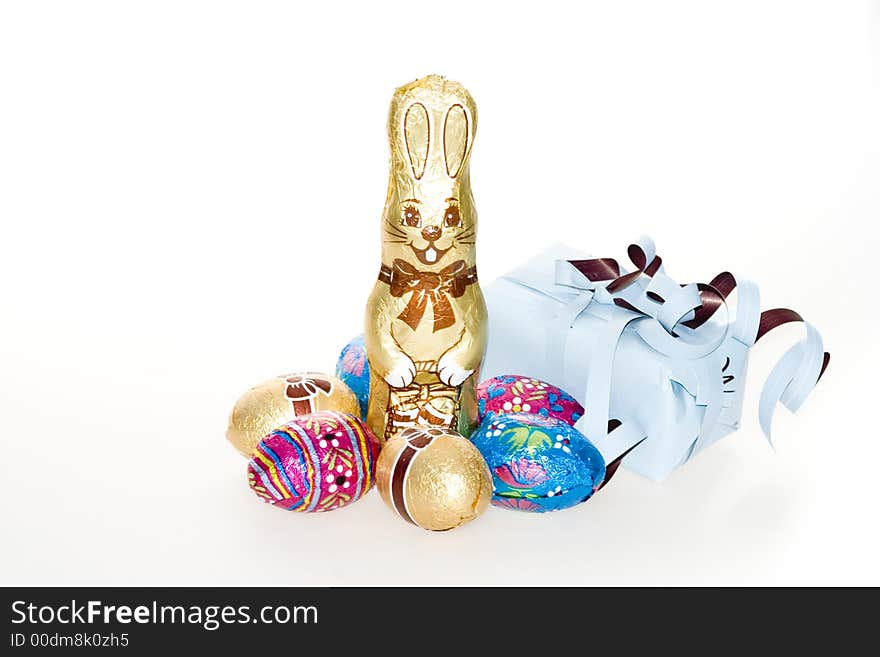 Easter Bunny , present and  Decorated easter Eggs