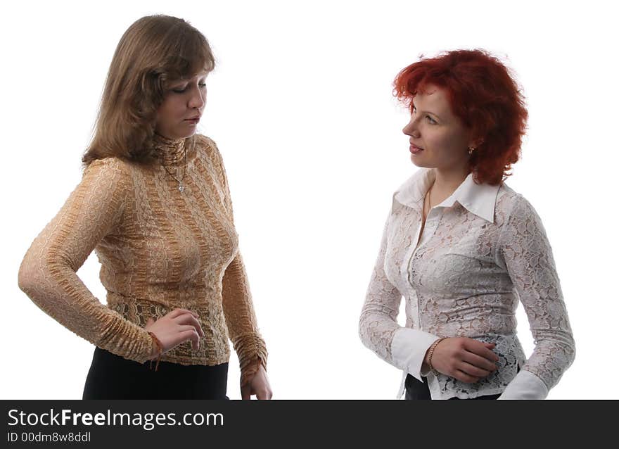 Two businesswomen communicate with each other