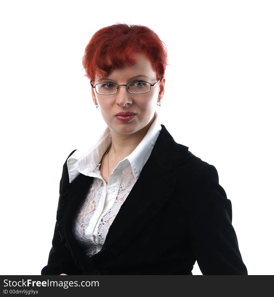 Businesswoman smiles on a white background