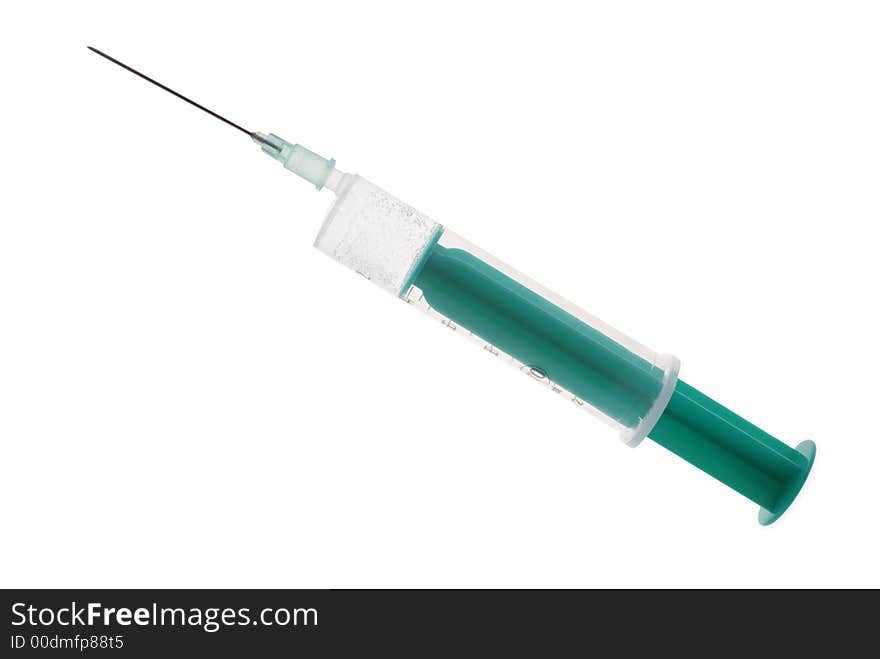 Green syringe  with vaccine isolated on white background. Green syringe  with vaccine isolated on white background