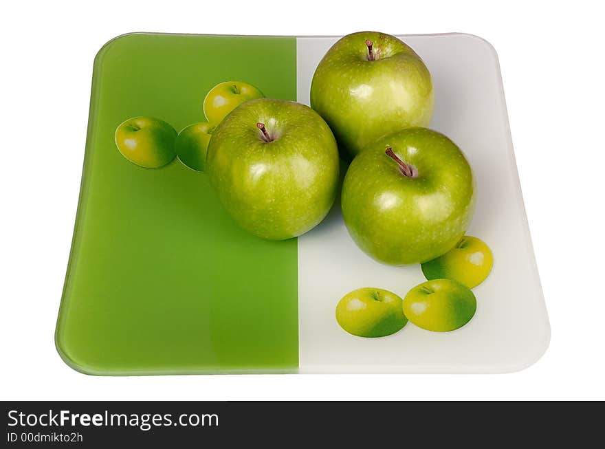 Green and fresh apples on a white background