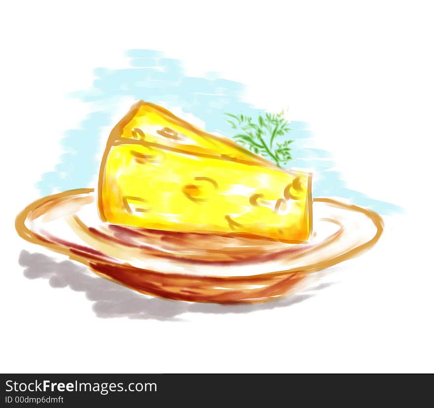 Cheese on a plate. Painting in water-colours