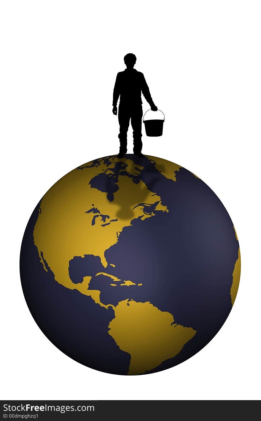 Illustration of a man holding a bucket and standing on the top of the world. Illustration of a man holding a bucket and standing on the top of the world