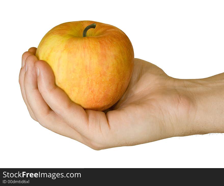 Apple in hand, isolated on white background