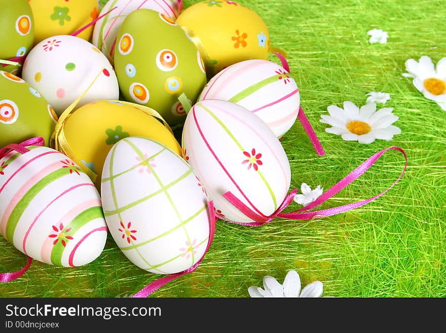 Closeup of several Easter eggs