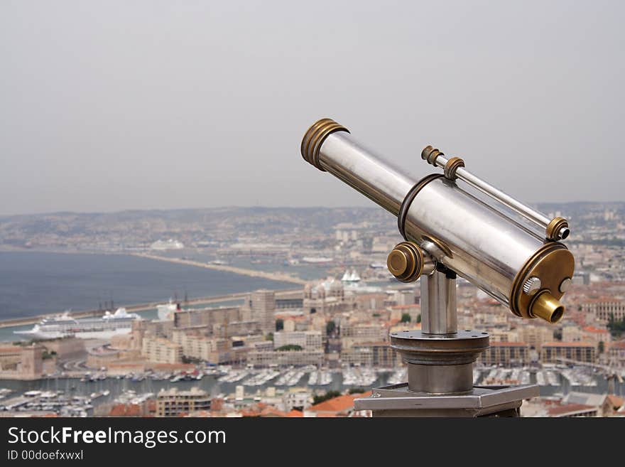 A spy glass over a historical european town. A spy glass over a historical european town