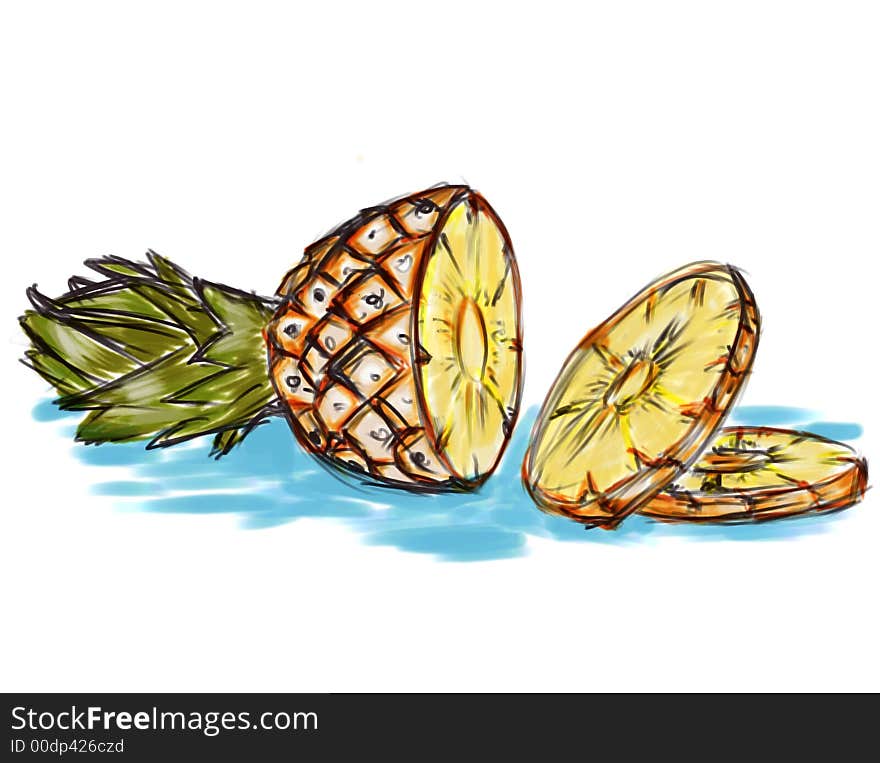 Illustration of pineapple. Painting in water-colours.