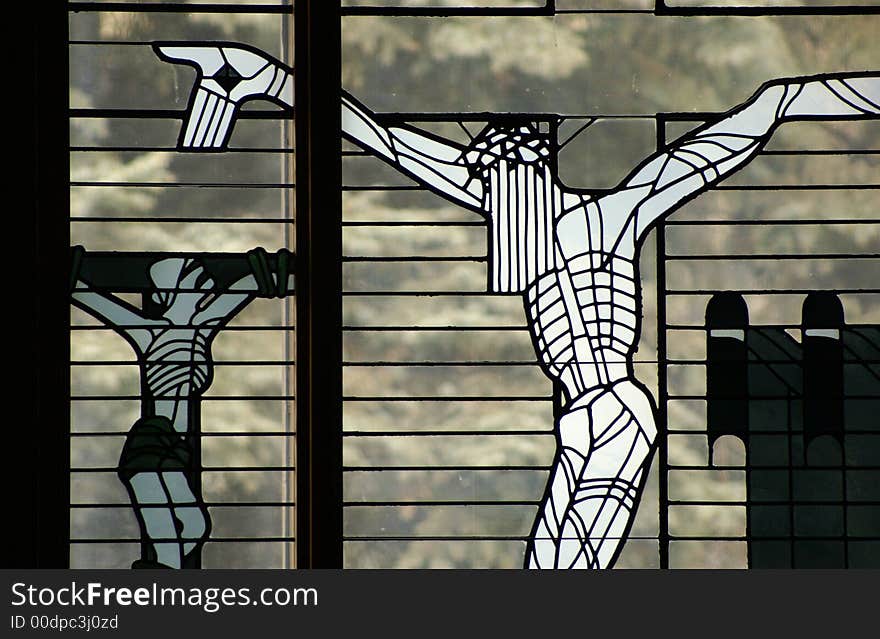 Modern stained glass window of the stations of the cross and resurrection found in St Boniface Cathedral,Winnipeg. This is in the new construction of the Cathedral done after the 1960s fire. Modern stained glass window of the stations of the cross and resurrection found in St Boniface Cathedral,Winnipeg. This is in the new construction of the Cathedral done after the 1960s fire