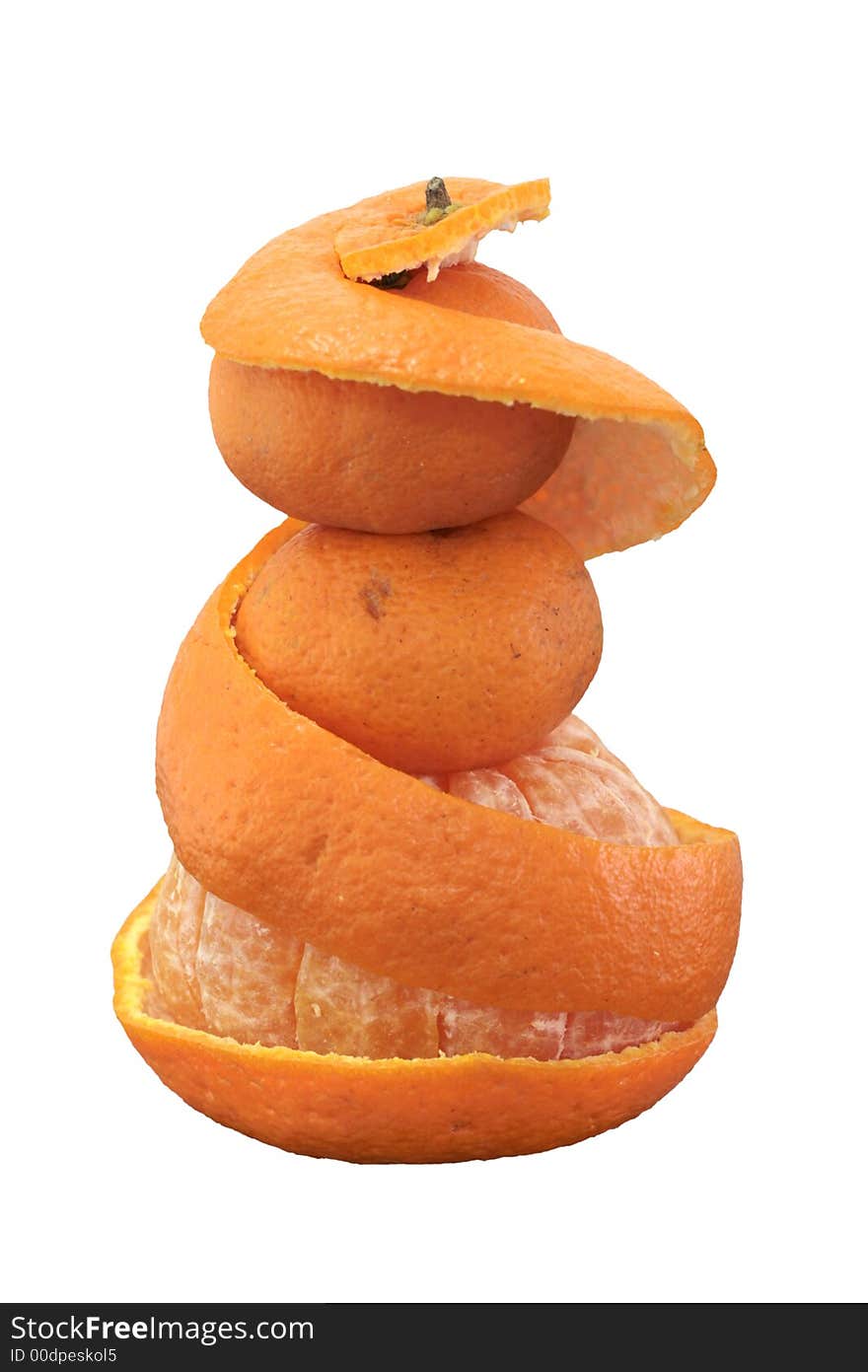 A mandarin with its peel lifted to show the fruit segments within. A mandarin with its peel lifted to show the fruit segments within