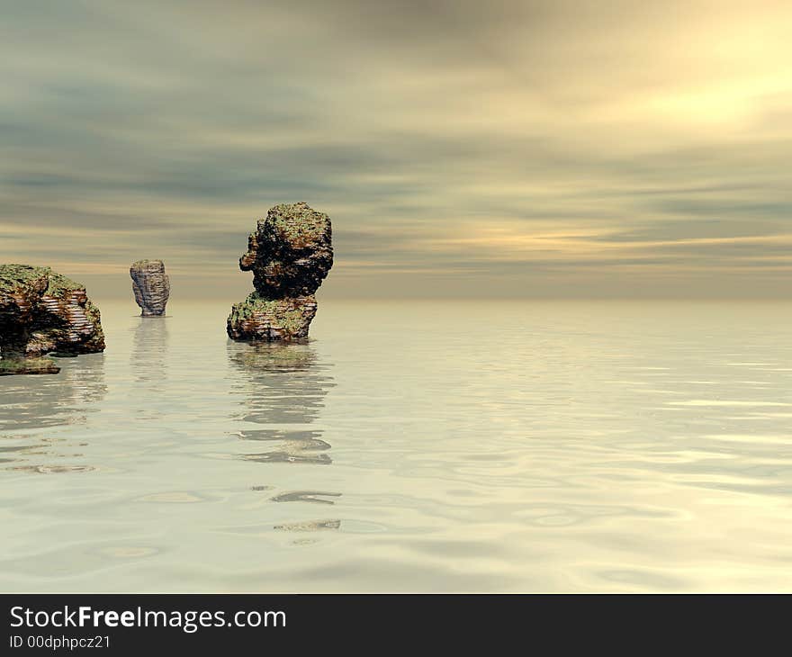 Sunset sky and coast stones - digital artwork. Sunset sky and coast stones - digital artwork