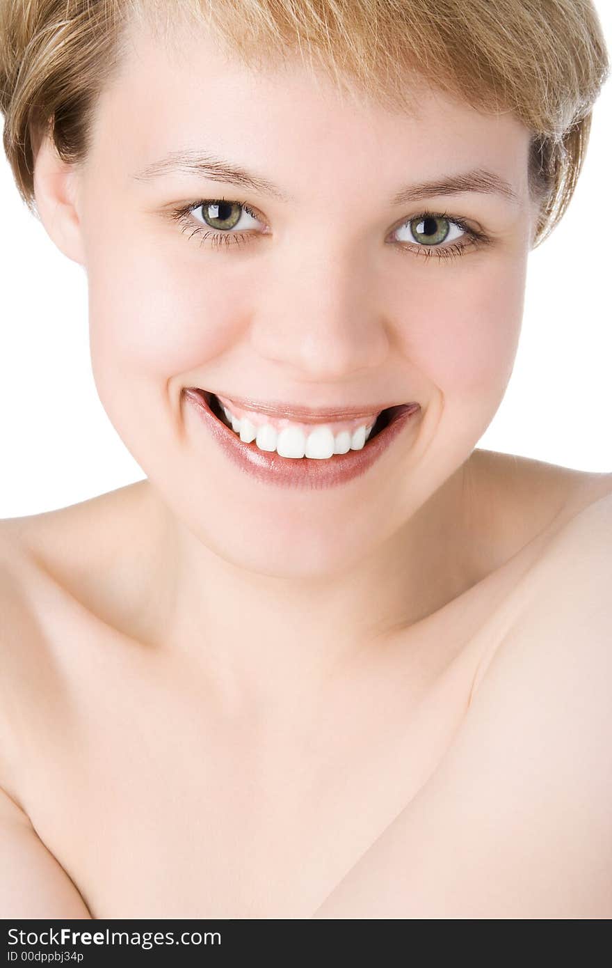 Close-ups happy beauty woman portrait over white background. Close-ups happy beauty woman portrait over white background