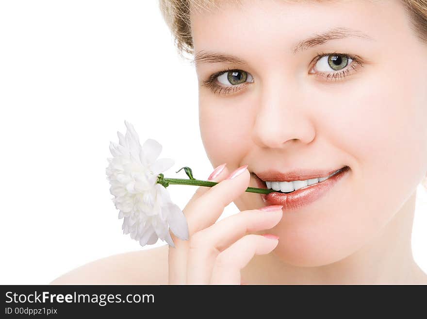 Close-ups lovely woman smile portrait with white white chrysanthemum in mouth