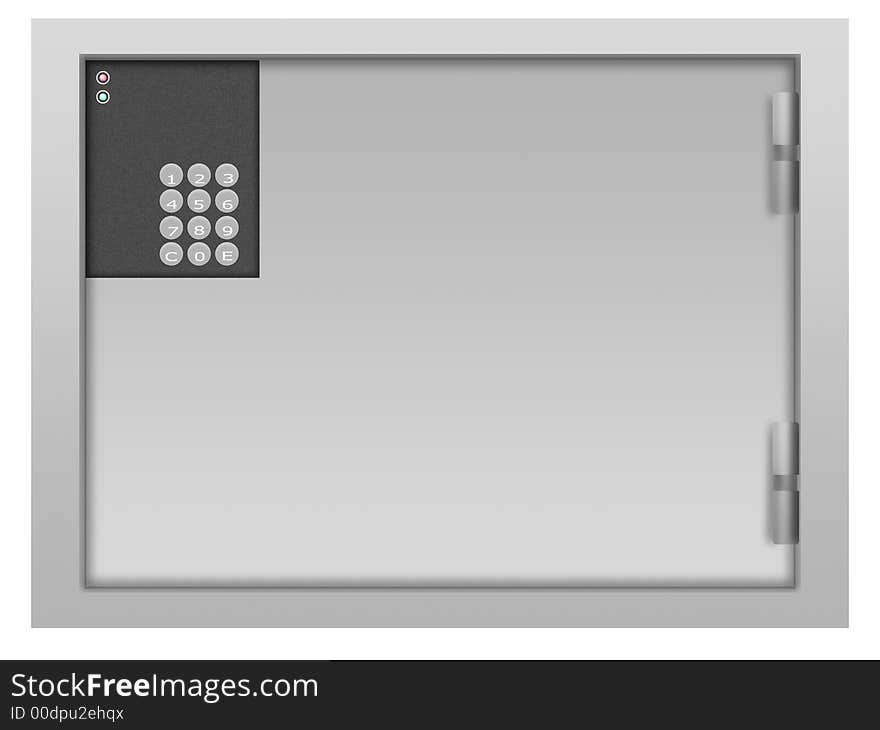 The steel safe with the code lock on a white background