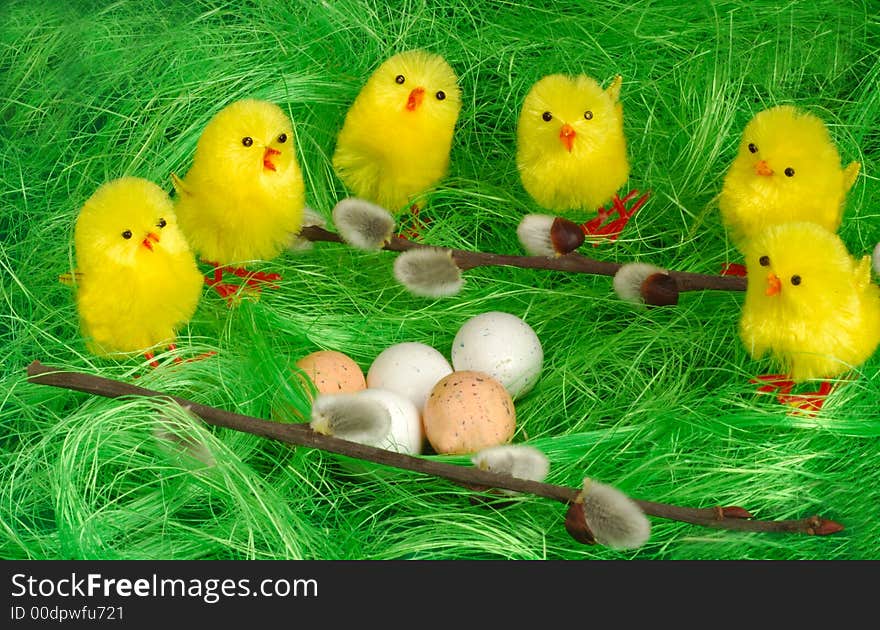 Six chickling decorated on green grass. Six chickling decorated on green grass