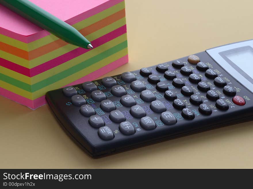 Calculator, many-colored paper for the record and fountain pen. Calculator, many-colored paper for the record and fountain pen.