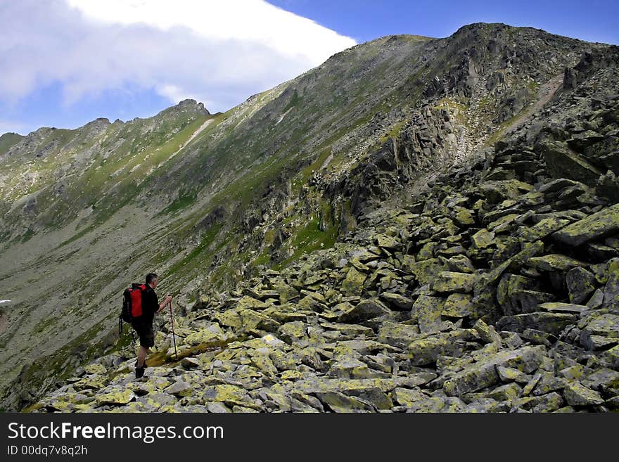 Mountain tripper, climber on high altitude