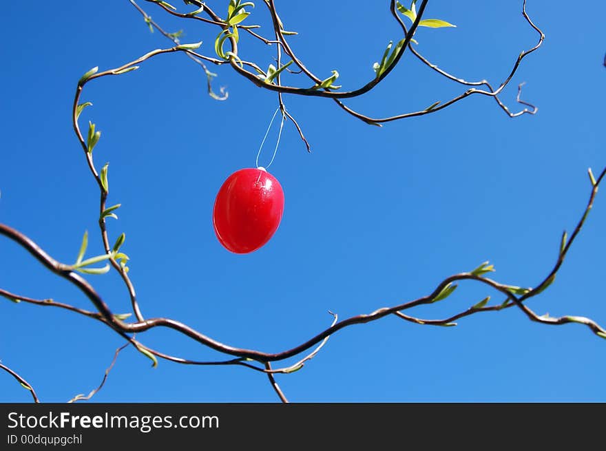 Rotes easter egg on bush in front of blue cloudless sky