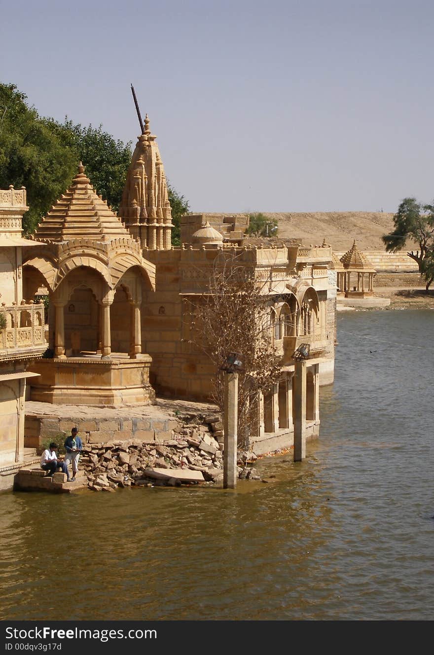 Buildings with great ornaments near the lake in Jaislamer,India