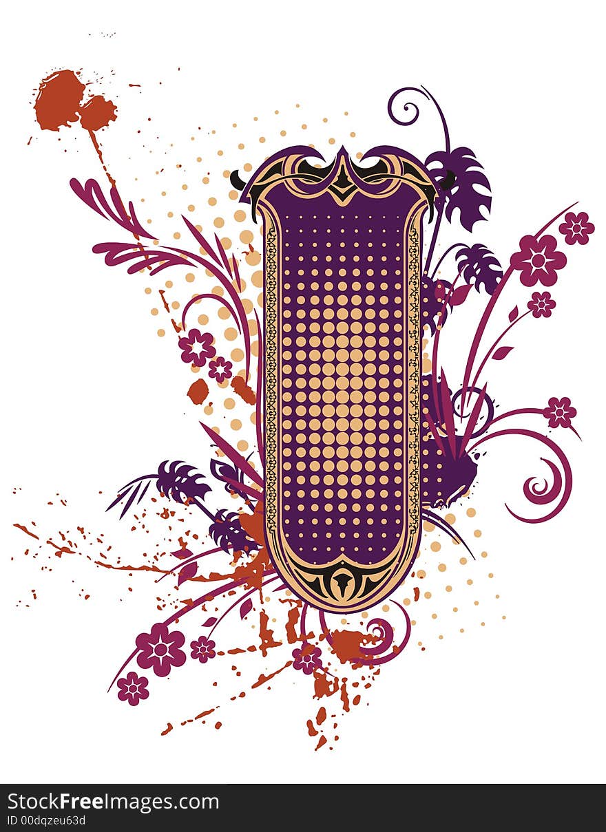 Abstract floral frame with grunge and halftone effects, designed in violet, red, black and yellow colors. Abstract floral frame with grunge and halftone effects, designed in violet, red, black and yellow colors.