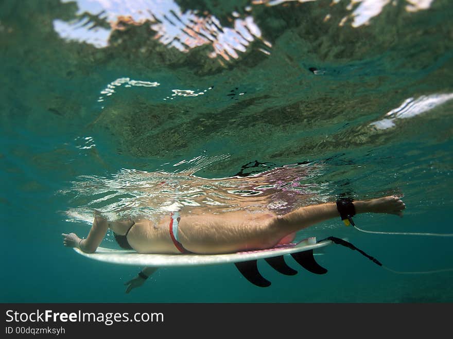 A teen girl in bikini paddling out. A teen girl in bikini paddling out