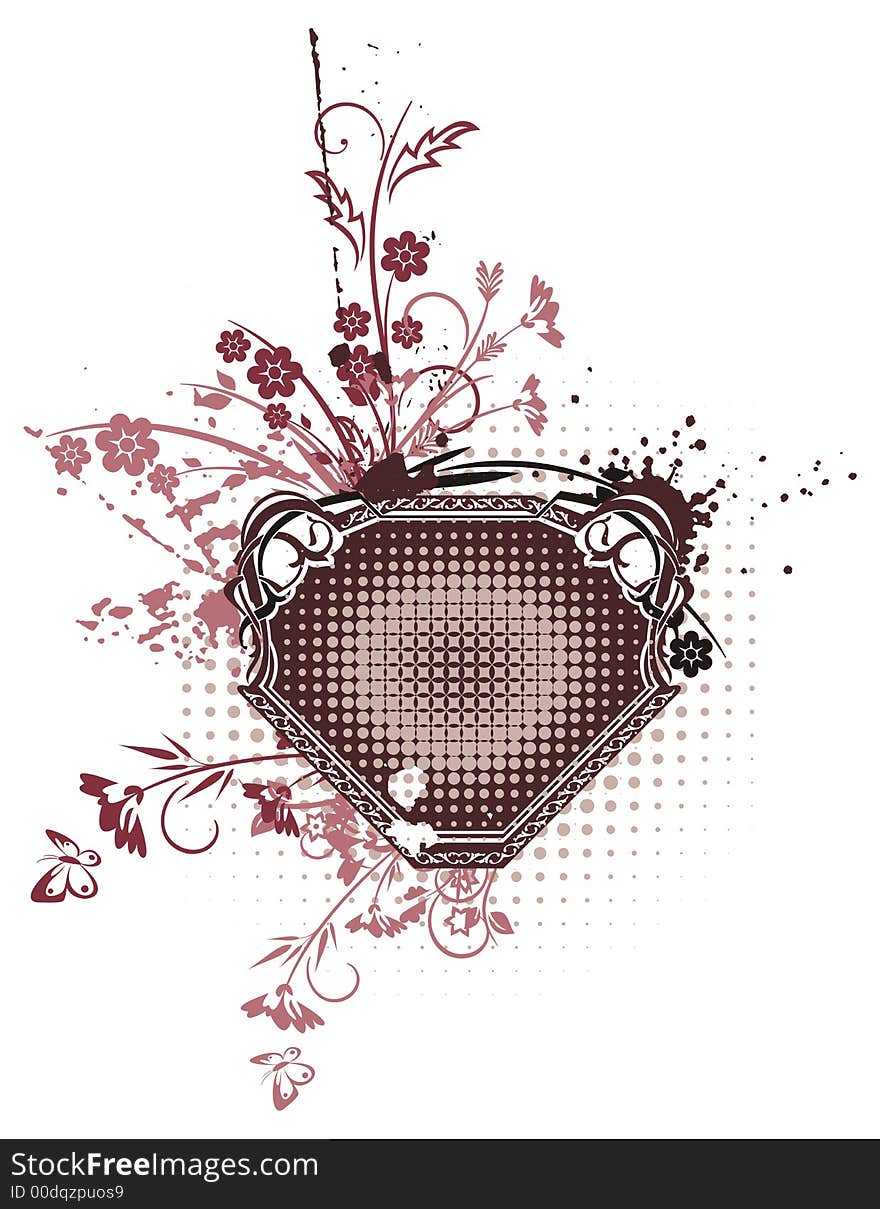 Abstract floral frame with grunge and halftone effects, designed in rose, brown and black colors. Abstract floral frame with grunge and halftone effects, designed in rose, brown and black colors.