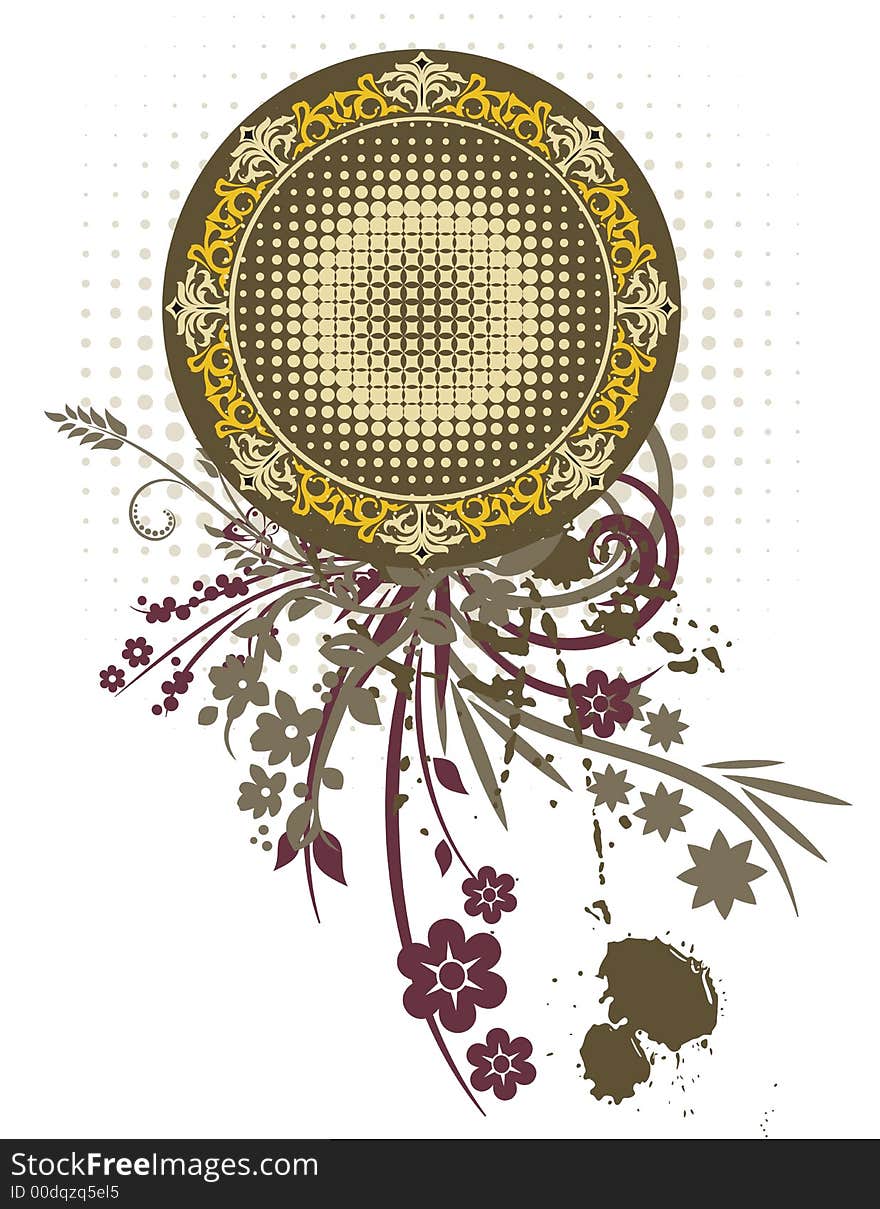 Abstract floral frame with grunge and halftone effects, designed in green, brown, and yellow colors. Abstract floral frame with grunge and halftone effects, designed in green, brown, and yellow colors.