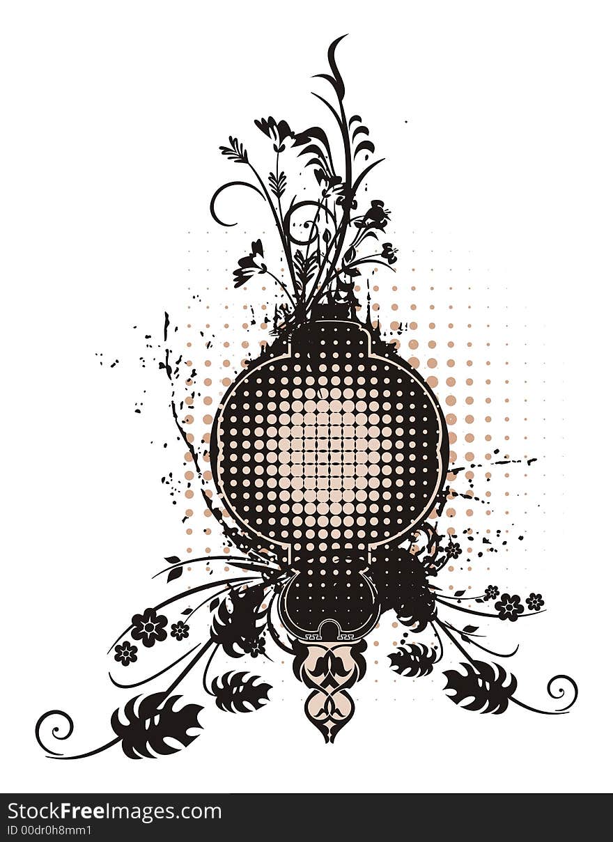 Abstract floral frame with grunge and halftone effects, designed in beige and black colors. Abstract floral frame with grunge and halftone effects, designed in beige and black colors.