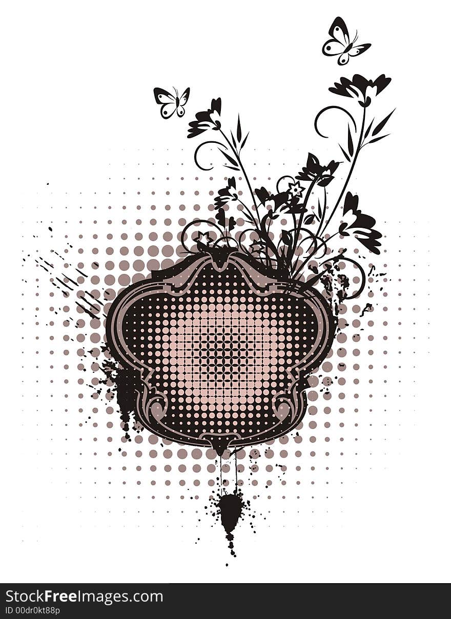 Abstract floral frame with grunge and halftone effects, designed in rose and black colors. Abstract floral frame with grunge and halftone effects, designed in rose and black colors.