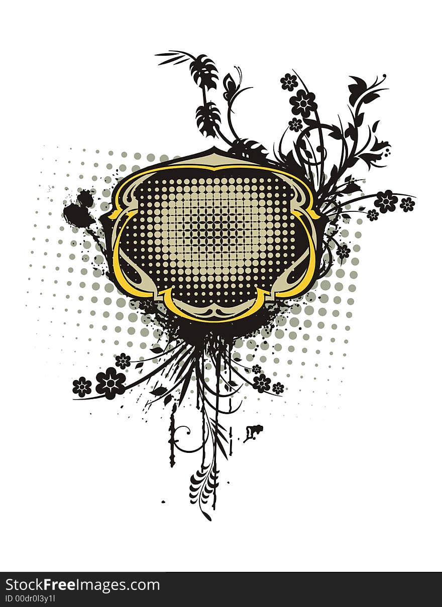 Abstract floral frame with grunge and halftone effects, designed in black and yellow colors. Abstract floral frame with grunge and halftone effects, designed in black and yellow colors.