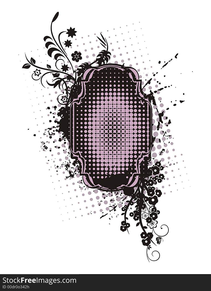 Abstract floral frame with grunge and halftone effects, designed in rose and black colors. Abstract floral frame with grunge and halftone effects, designed in rose and black colors.