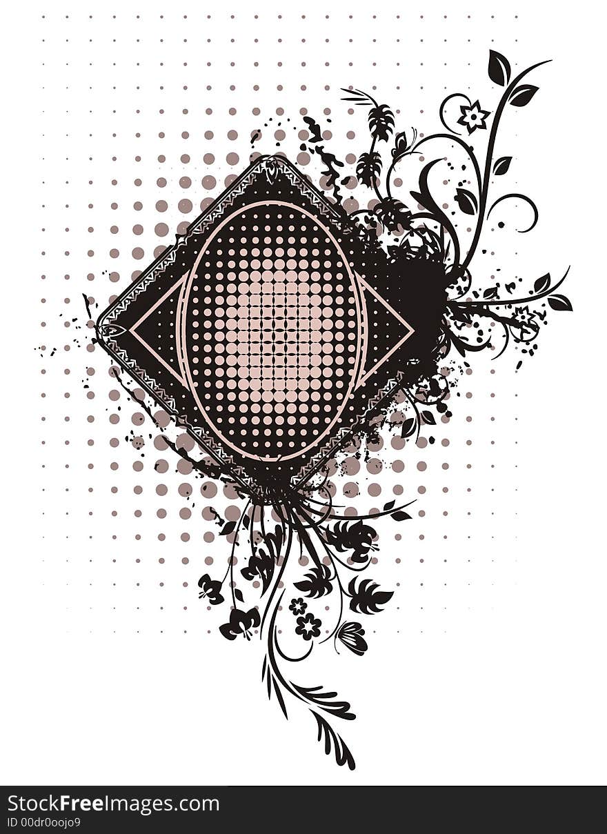 Abstract floral frame with grunge and halftone effects, designed in beige and black colors. Abstract floral frame with grunge and halftone effects, designed in beige and black colors.